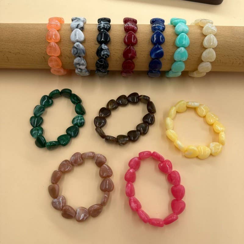 Color-Block Heart Beaded Resin Stretch Bracelet | 40B5251