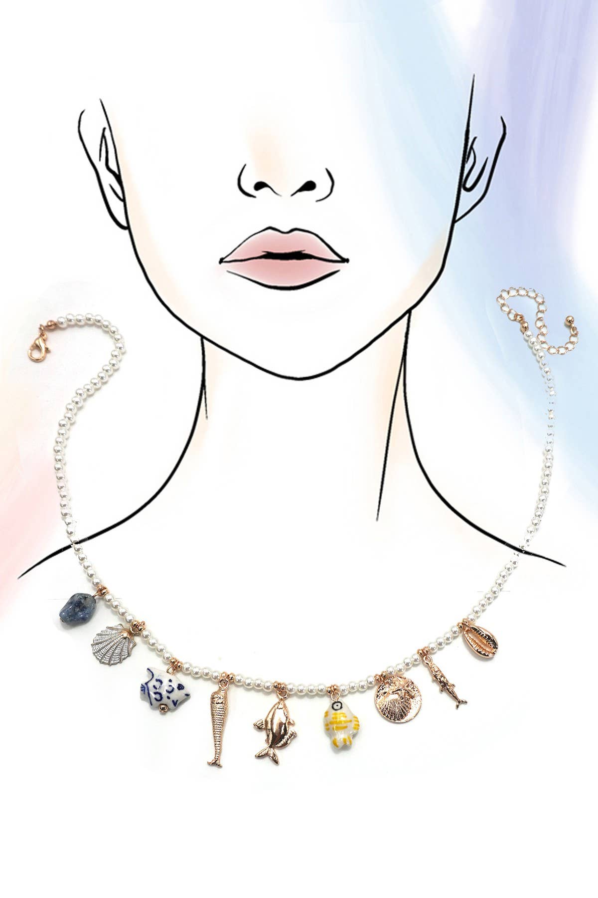 CHARM NECKLACE-PORCELAIN SHELLS FISH NATURAL STONE | 80N9214