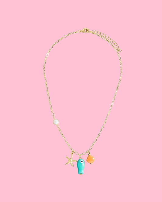 Starfish Pearl Clam And Fish Charms Chain Necklace