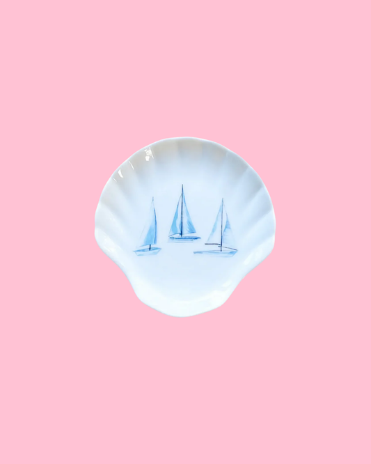 Ceramic Shell Trinket Dish- Sail Boats