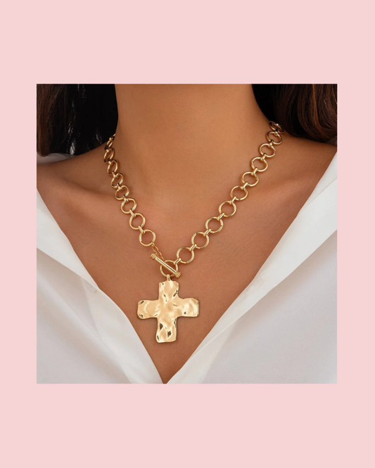 Hammered Cross Front Toggle Necklace