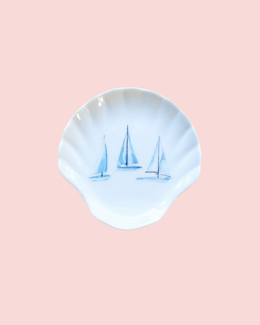 Ceramic Shell Trinket Dish- Sail Boats