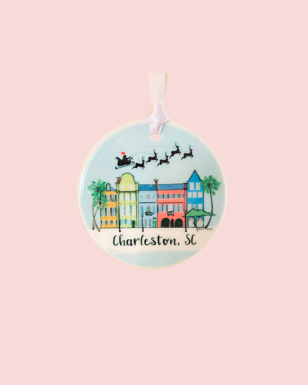 Rainbow Row Christmas Scene Ceramic Ornament