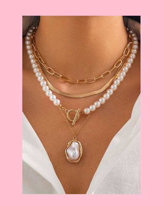 Pearl Charm Multilayer Gold Necklace Stack