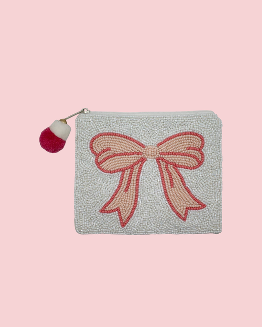 Peach Bow Ribbon Beaded Coin Pouch