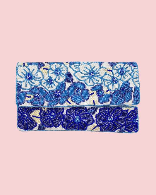 BLUE FLORAL BEADED CLUTCH