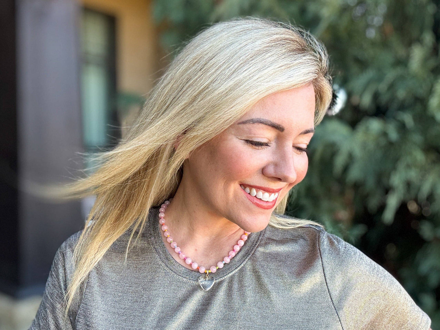 Beaded Necklace - Pink + Multi-Color w/Dangle Heart - Lottie