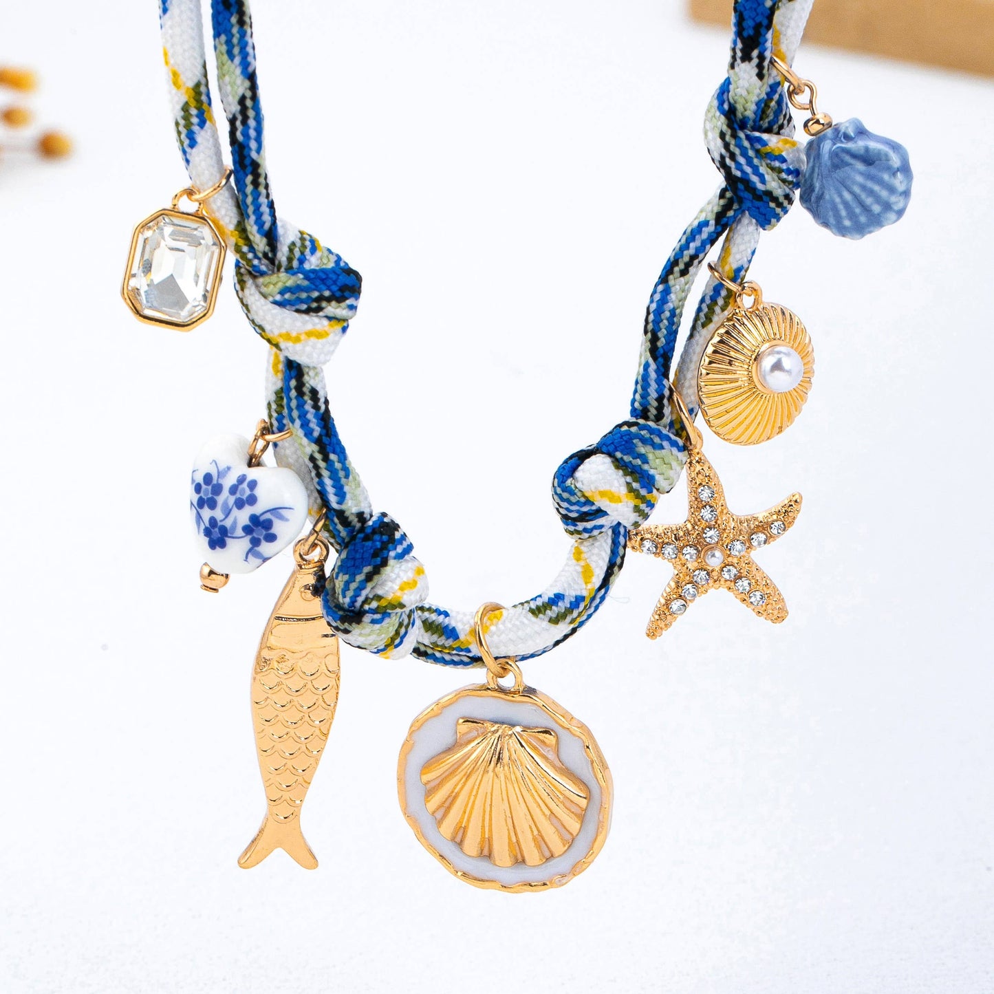 ROPE CHARM NECKLACE-STARFISH SEASHELL CLOISONNE