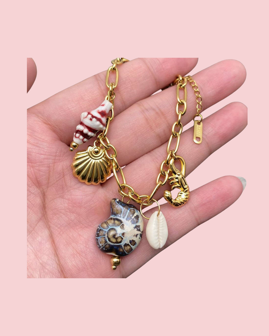 Conch & Shell & Lobster Charm 18K Golden SS Bracelets - FGS