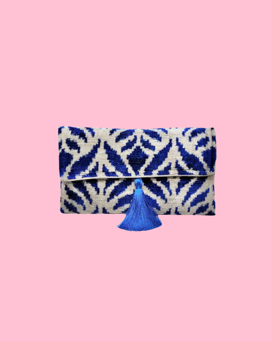 Blue Pattern Silk Velvet Ikat Clutch