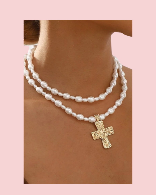 Pearl Cross Layered Necklace