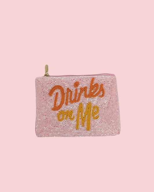 Ladies Fully Beaded DRINKS ON ME Themed Coin Purse
