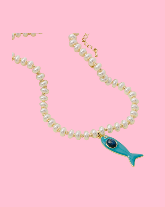 Enamel Fish Pendant Pearl Beaded Necklace