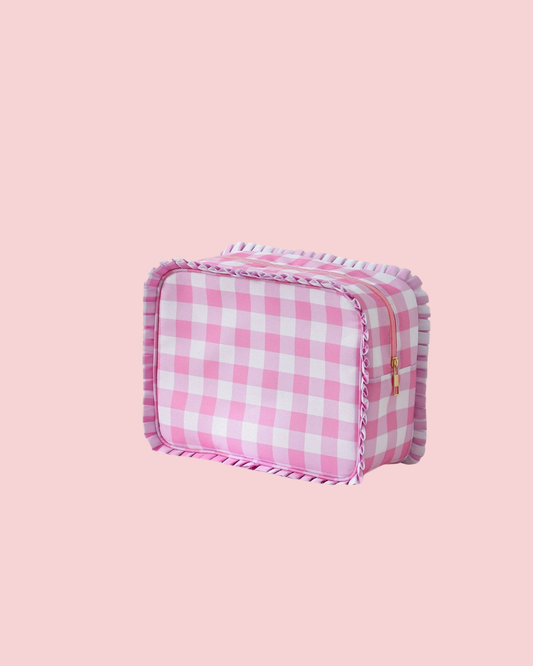 Ruffle Checker Striped Cosmetic Bag