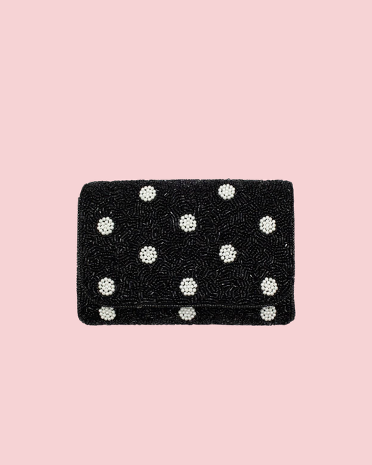 BLACK POLKA DOT BEADED RECTANGULAR CLUTCH