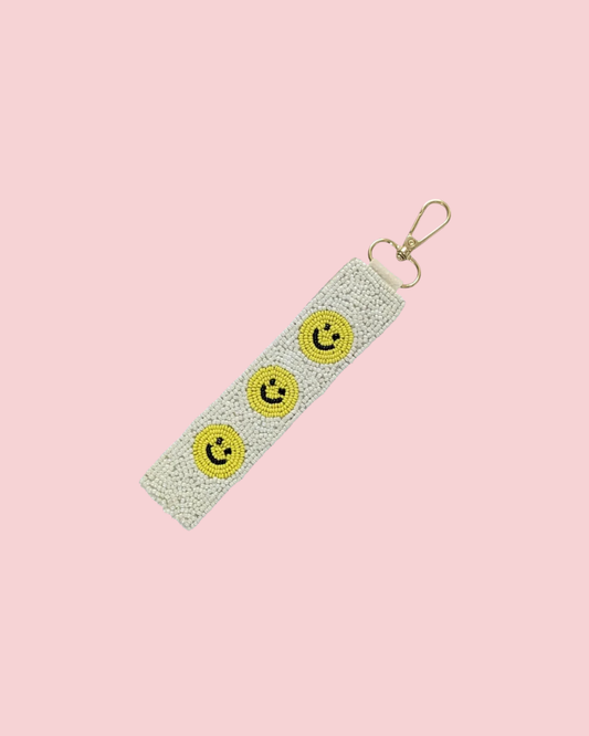 Happy Face Beaded Wristlet Strap Key Chain