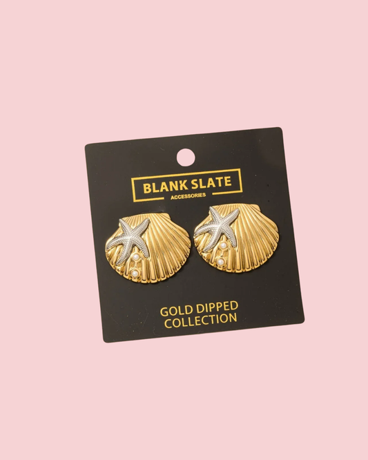 Gold Dipped Two Tone Starfish And Shell Large Stud Earrings