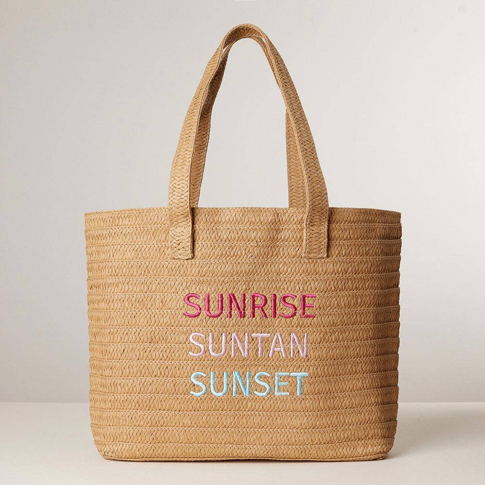 Raffia SUNRISE SUNTAN SUNSET Message Embroidered Summer Tote