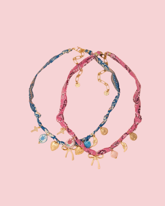Bandana Necklace with Gold Bow and Charm Trinkets