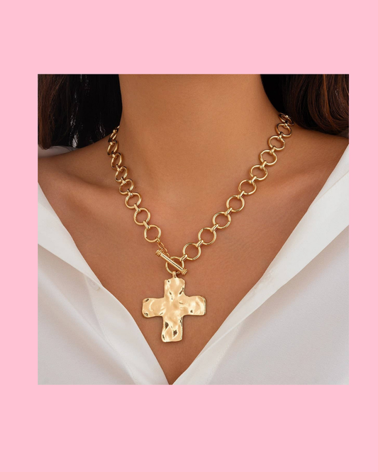 Hammered Cross Front Toggle Necklace