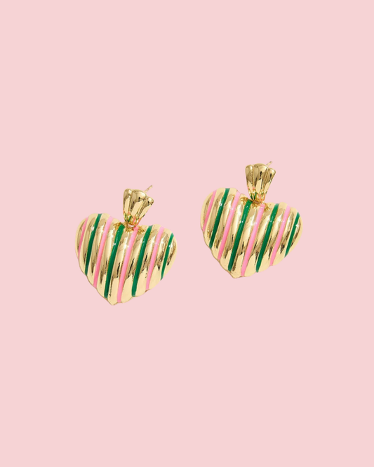 14K Gold Dipped Enamel Striped Heart Dangle Earrings