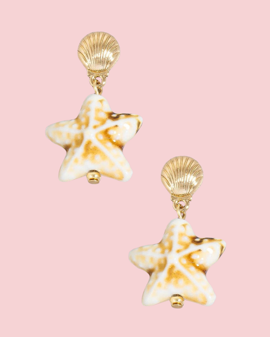 Clam Stud And Starfish Charm Dangle Earrings