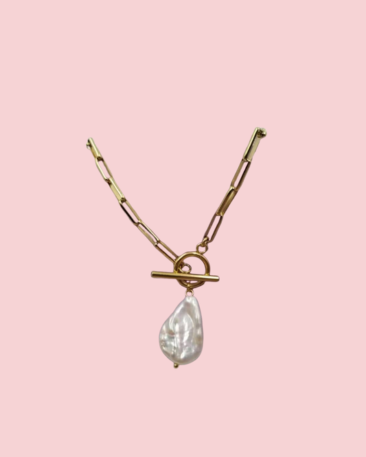 Gold Paperclip Baroque Pearl Necklace
