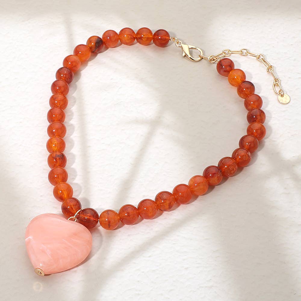 Chunky Marbled Resin Heart Charm Beaded Necklace