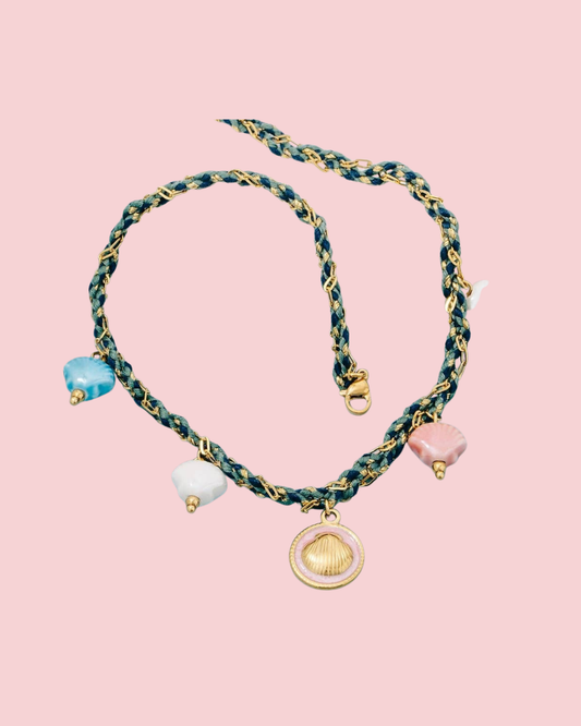 Stainless Steel Clam Shell Coin And Epoxy Charms Braided