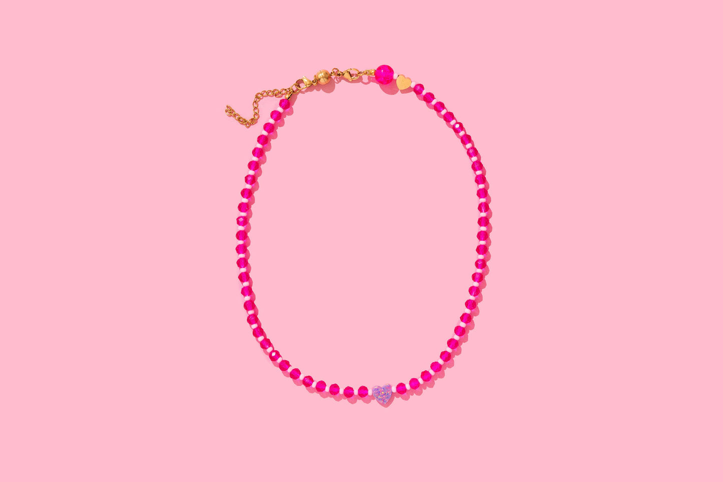 Beaded Necklace - Pink w/ Purple Opal Heart - Karley