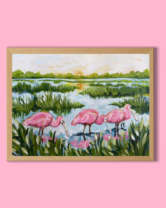 Coastal Print: Spoonbills at Sunset