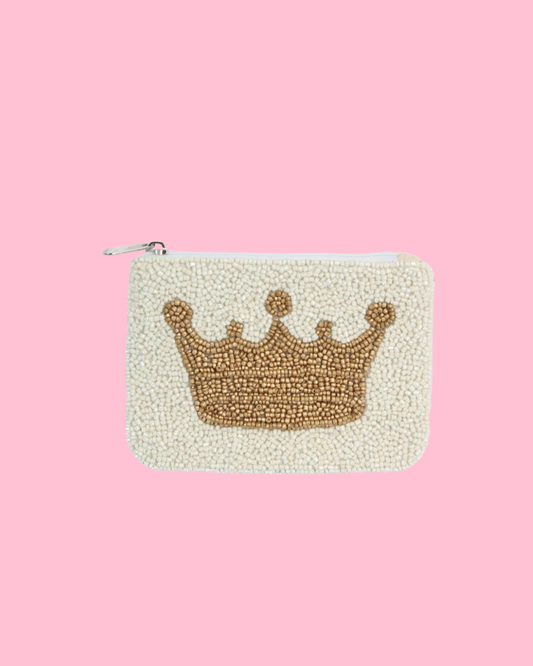 Ladies White Fully Beaded Crown Theme Coin Purse