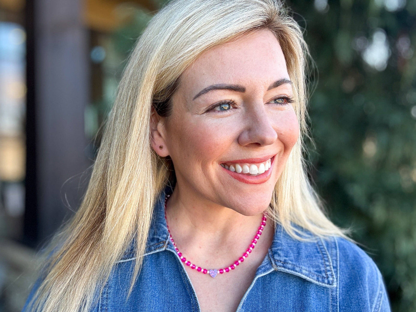 Beaded Necklace - Pink w/ Purple Opal Heart - Karley