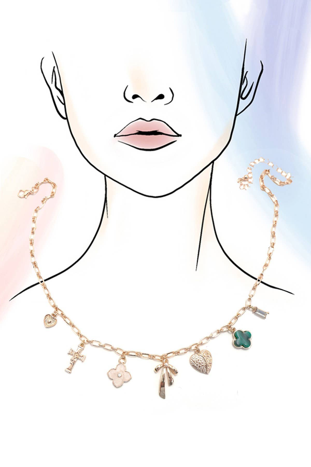 Bow Cross Heart Green Clover Charm Necklace