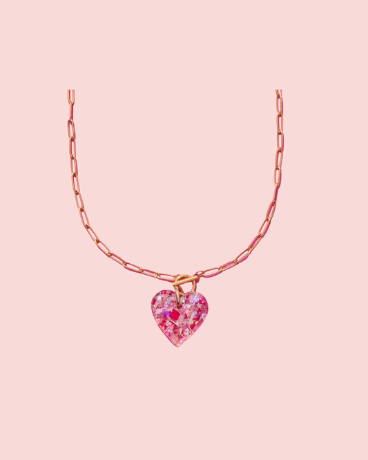 Chain Necklace - Heart - Pink + Silver Confetti