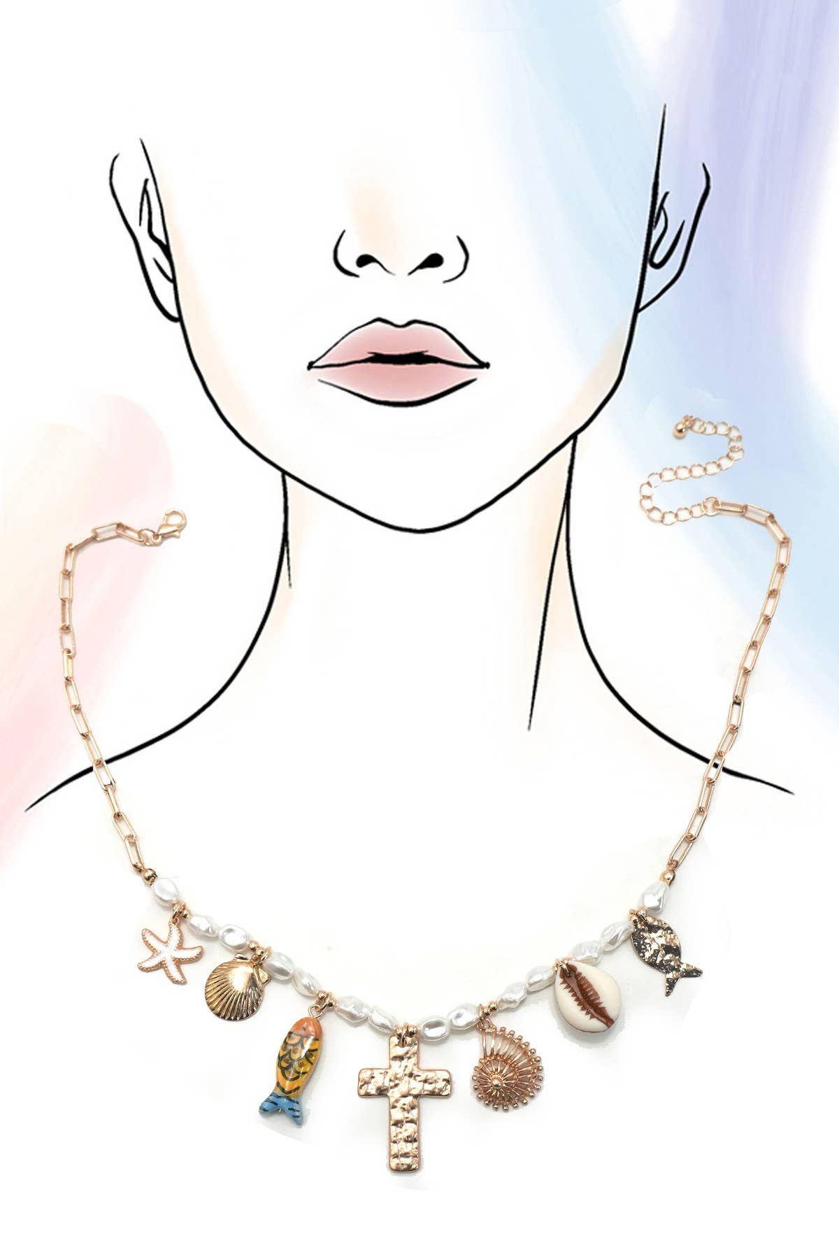 Porcelain Fish Cross Pearl Charm Necklace