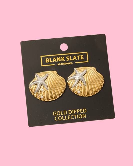 Gold Dipped Two Tone Starfish And Shell Large Stud Earrings