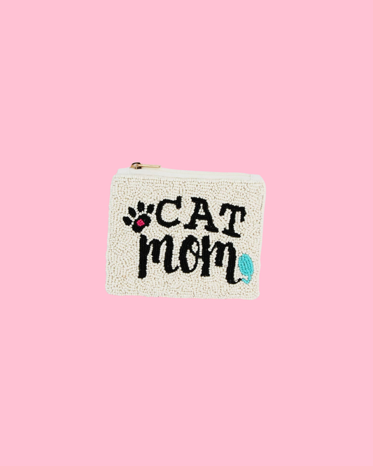 CAT MOM Message Seed Beaded Mini Pouch Bag