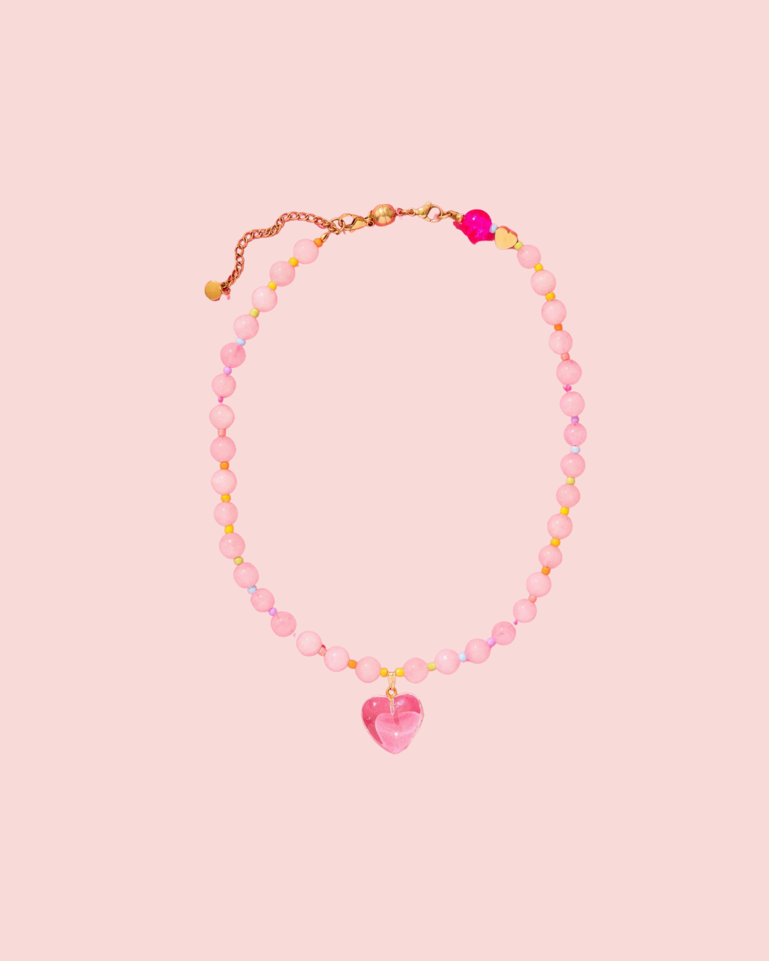 Beaded Necklace - Pink + Multi-Color w/Dangle Heart - Lottie