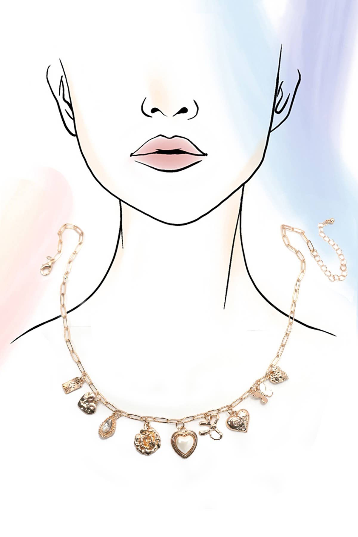 Bow Heart & Rhinestones Charm Necklace