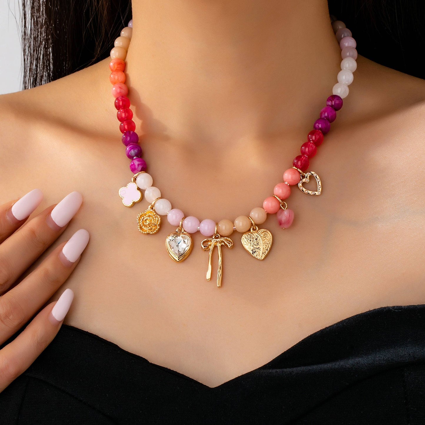Pastel Beaded Bow Heart Flower Charm Necklace | 80N92704