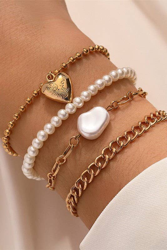 Heart & Pearl Link Bracelet Set