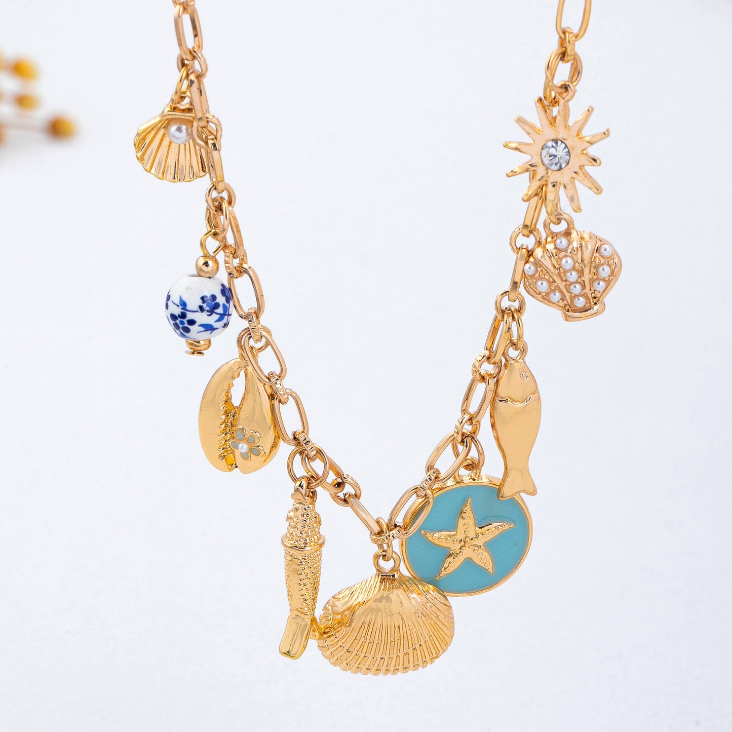 Charm Necklace-Coastal seashells fish cloisonne