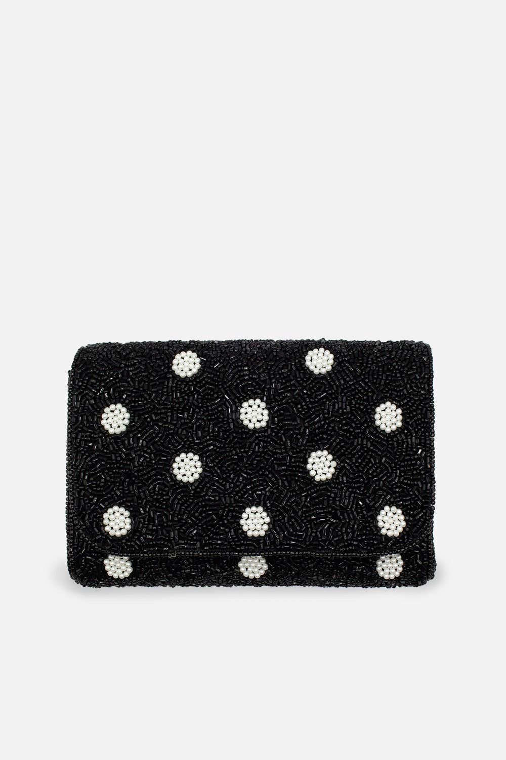 BLACK POLKA DOT BEADED RECTANGULAR CLUTCH
