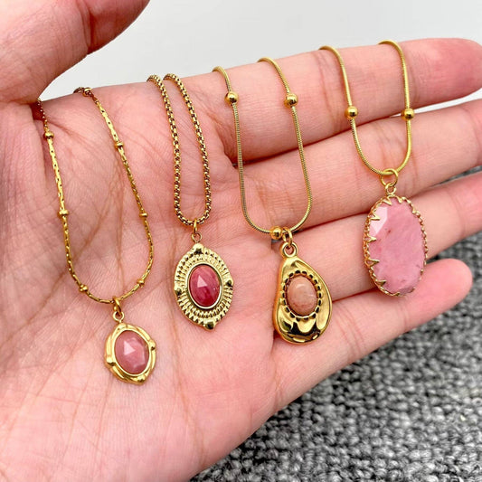 Geometric Rhodochrosite Charm 18K Golden Necklace