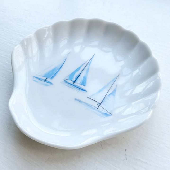 Ceramic Shell Trinket Dish- Sail Boats
