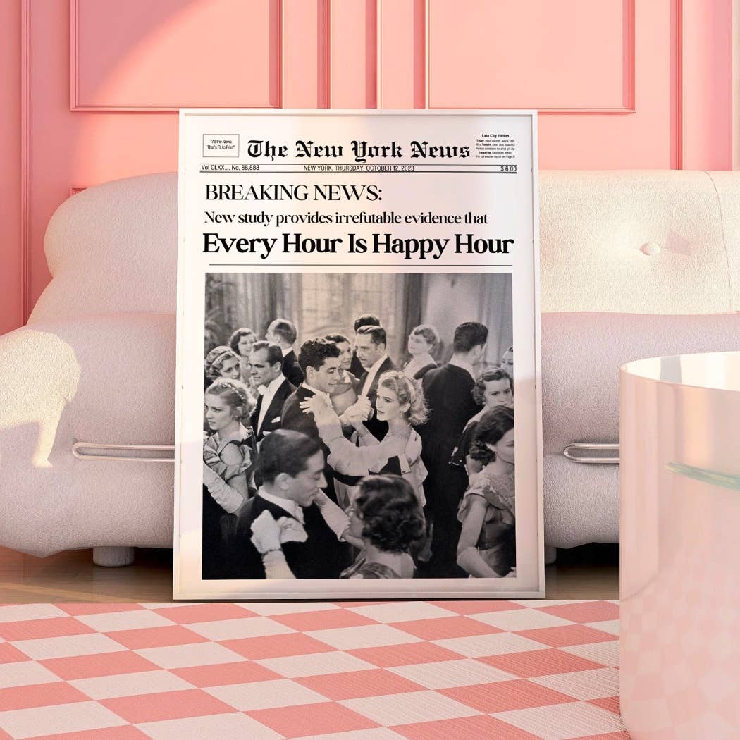 Every Hour Is Happy Hour Retro Newspaper Wall Art Prints