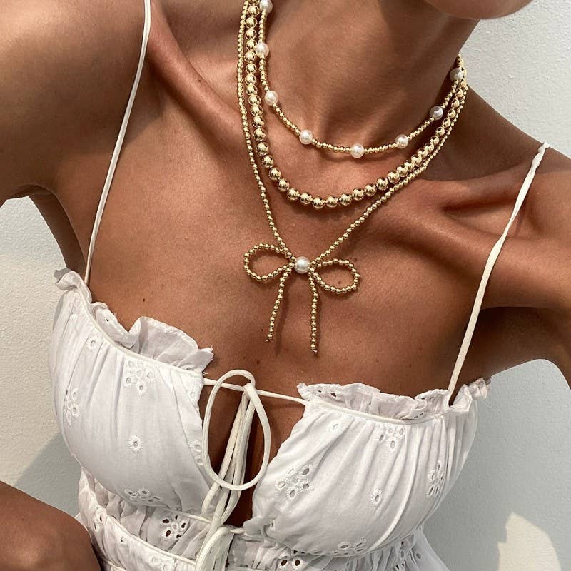 Multilayer Bow & Pearl Necklace