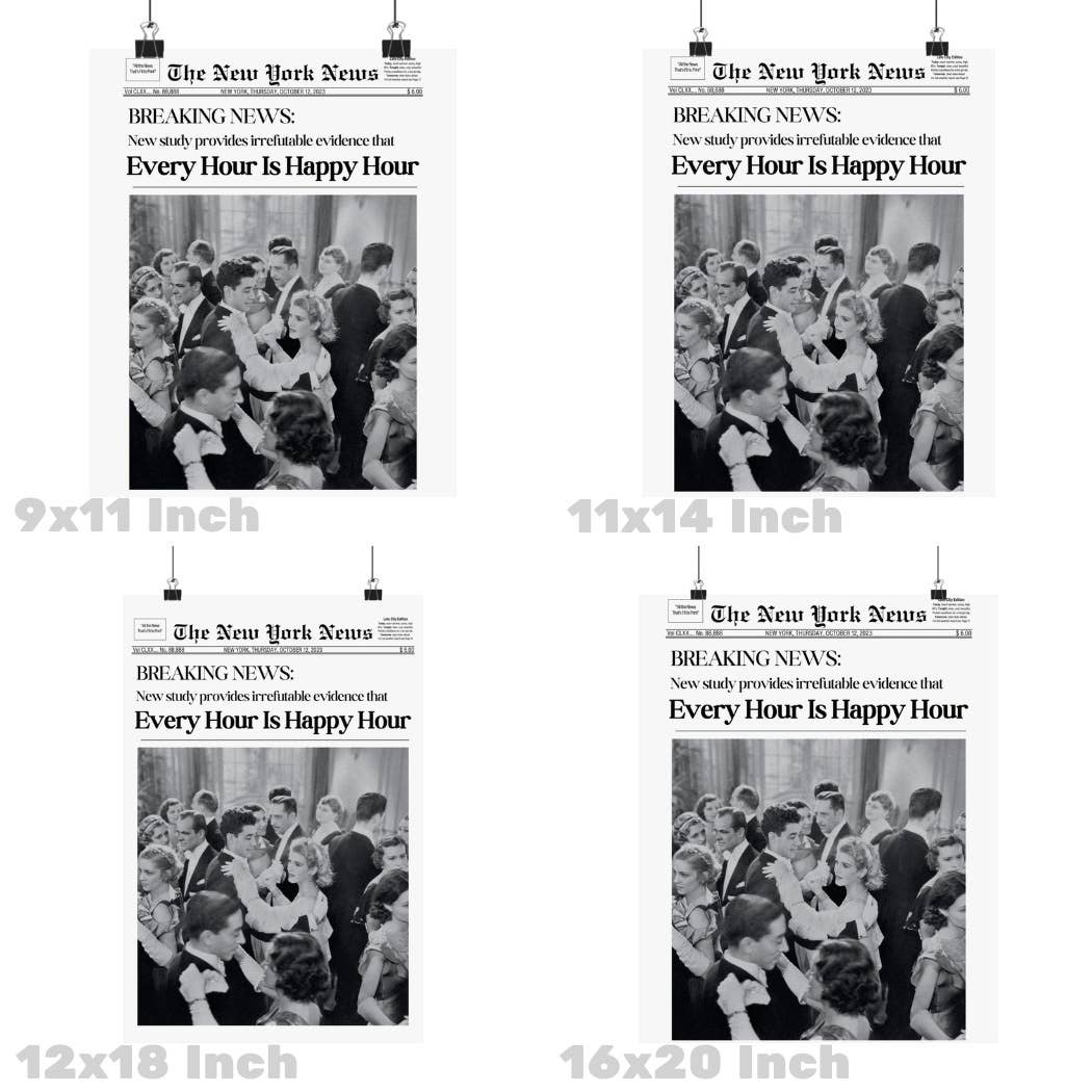 Every Hour Is Happy Hour Retro Newspaper Wall Art Prints