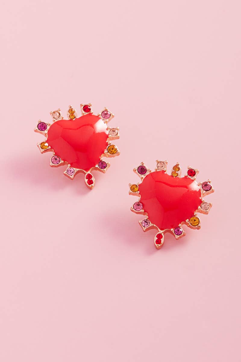 Valentines Heart Enamel Color Stones Post Earrings